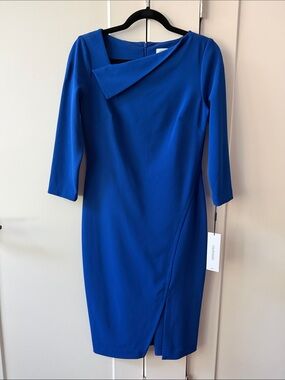 Calvin Klein Royal Blue Asymmetrical Midi Sheath Dress